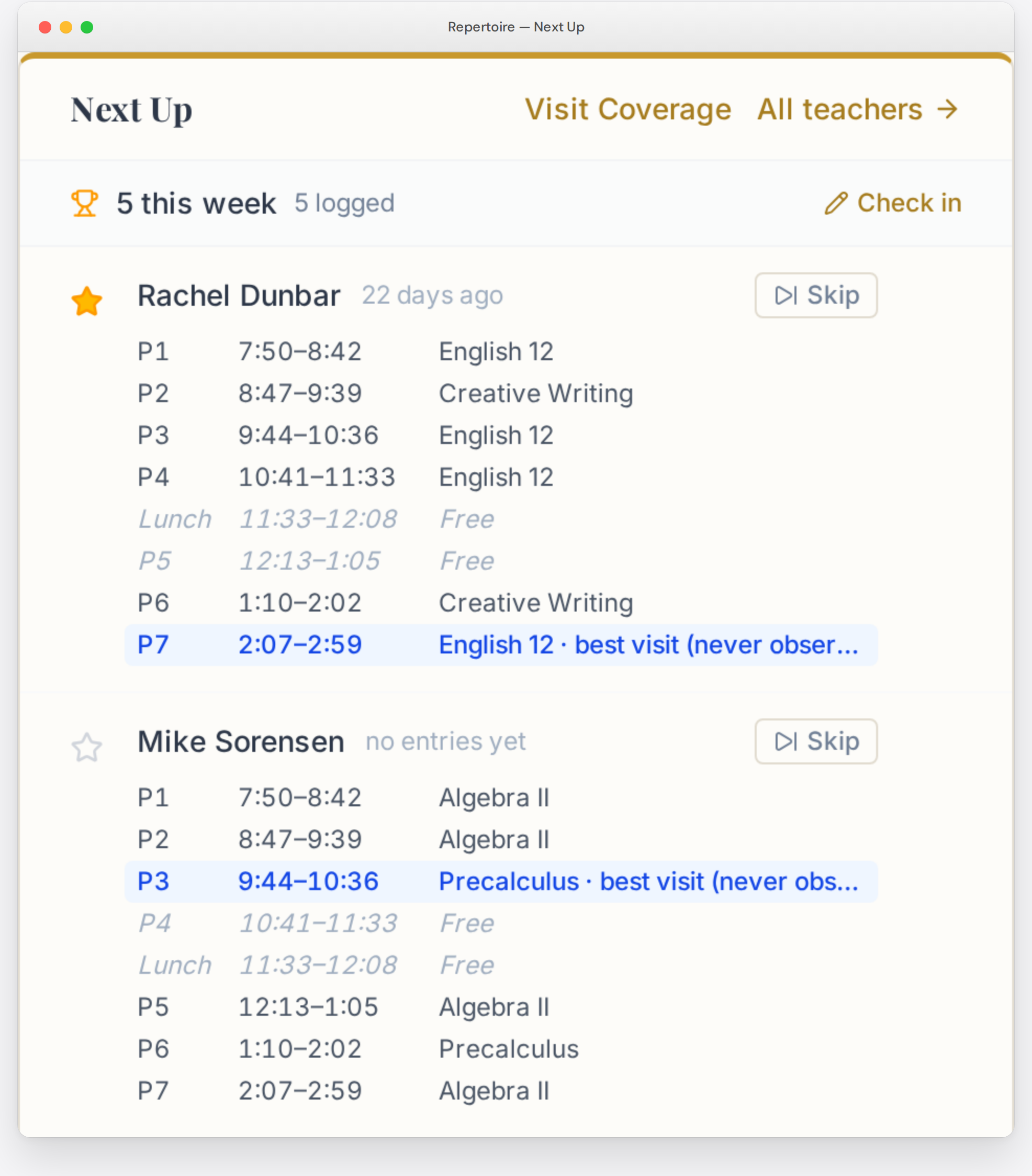 Next Up: suggested teachers with the best class to visit and free periods