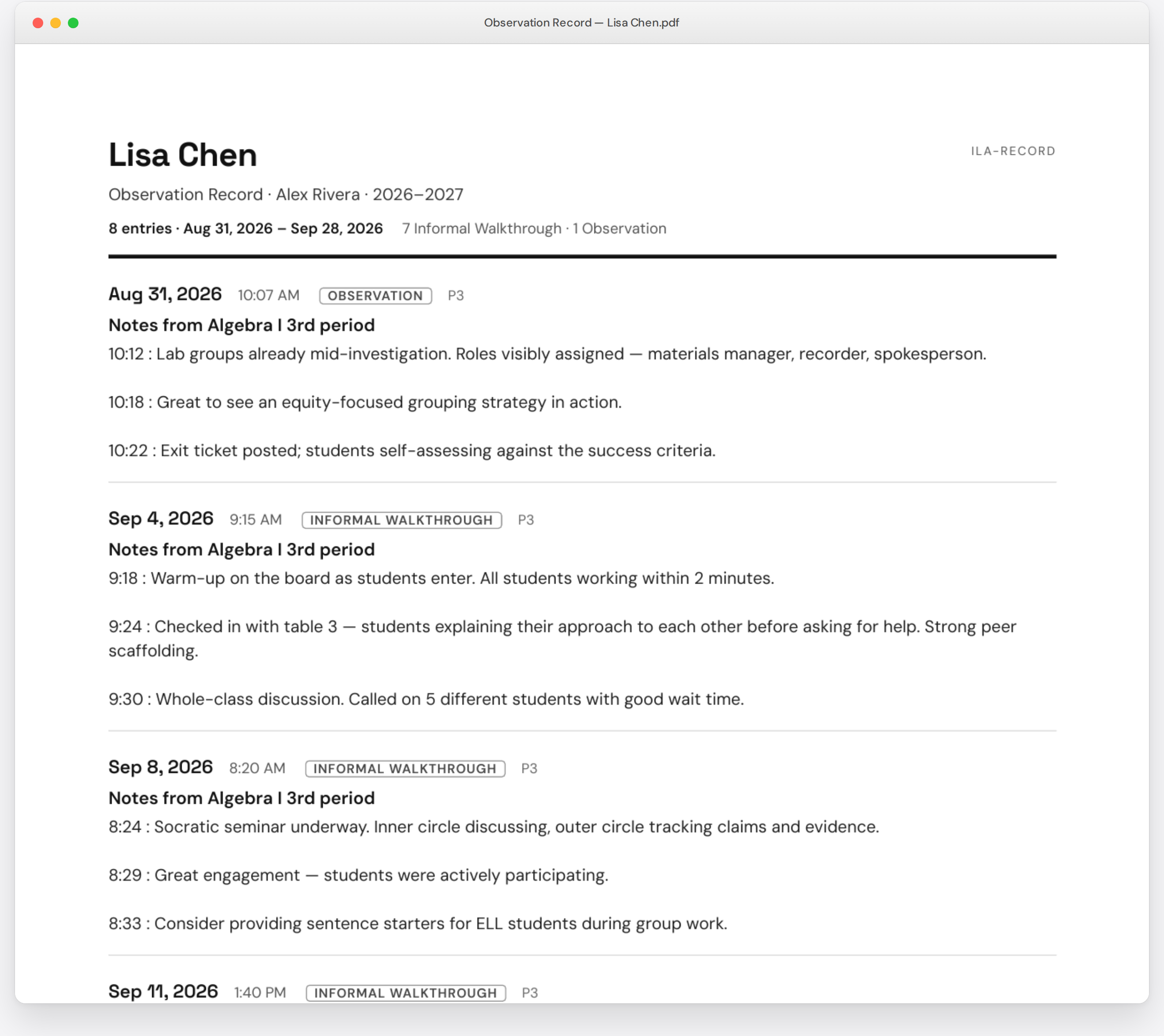 Teacher Observation Record PDF