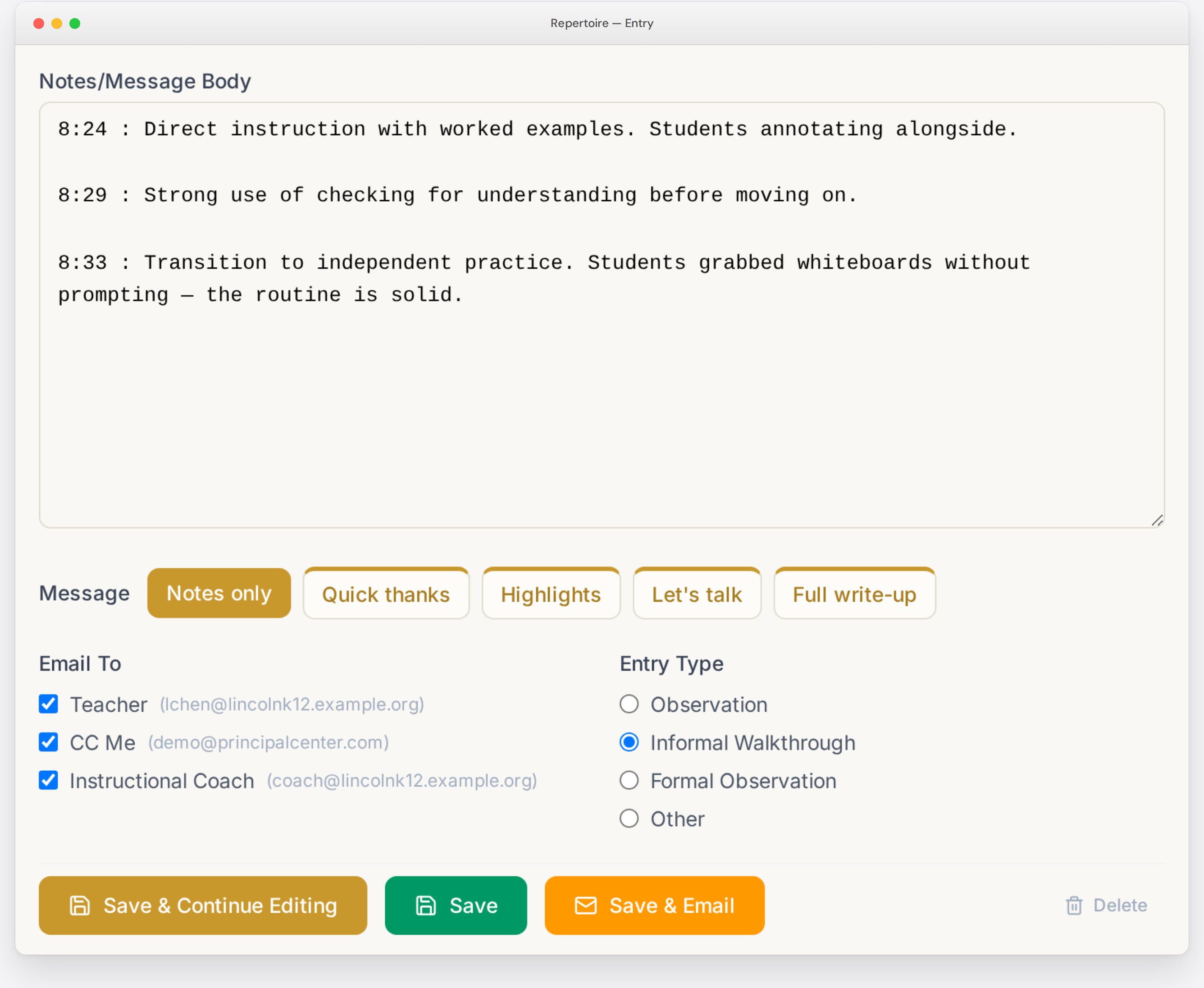 Choosing an outline and sending feedback with Save & Email