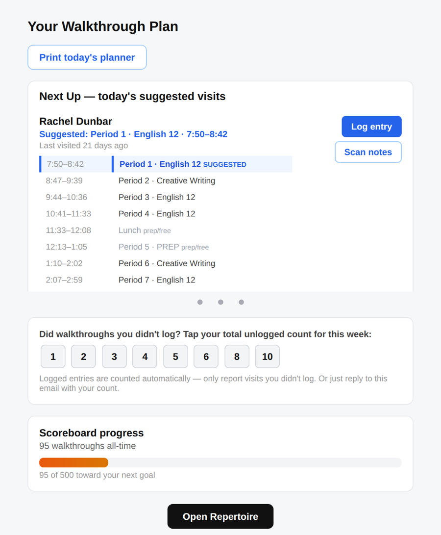The Walkthrough Email: today&rsquo;s suggested visits, a one-click check-in, and Scoreboard progress